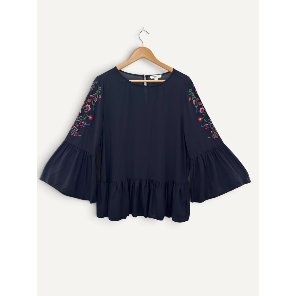 BeachLunchLounge L Black Floral Embroidered Bell Sleeve Boho Peasant Blouse Folk